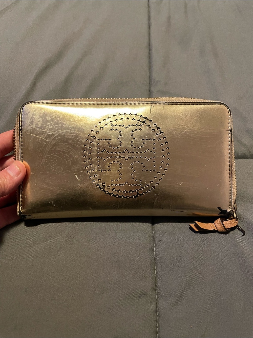 Tory Burch Metallic Gold Patent Leather Zip Around Wallet Credit Card Holder